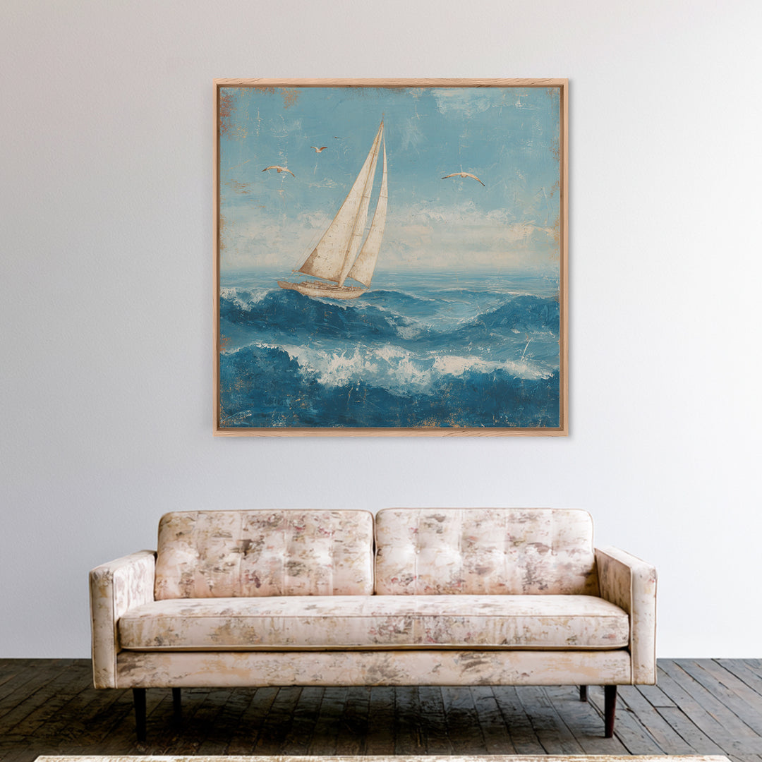 Sailboat Leaning into Wind on Blue Water Canvas Print, Nautical Art, Room Decor, Coastal Decor, Fine Art, Harbor, Printable, NAU-1x1-49