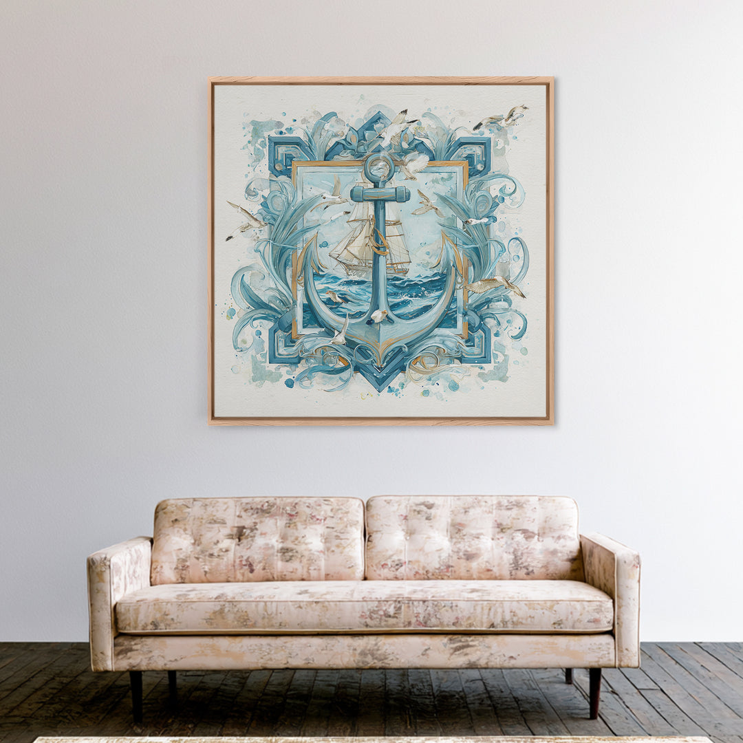 Anchor and Laurel Nautical Crest Without Text Framed Canvas Print, Nautical Art, Textured Painting, Coastal Decor, Harbor, NAU-1x1-53
