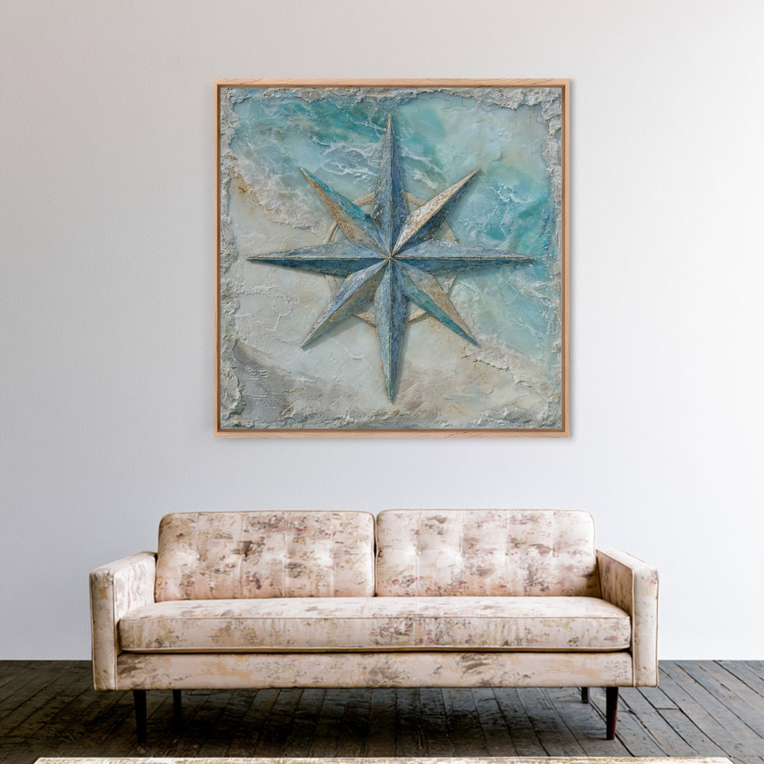 Nautical Star Compass Rose Framed Canvas Print, Nautical Art, Gallery Decor, Coastal Decor, Fine Art, Harbor, Wall Art, NAU-1x1-62