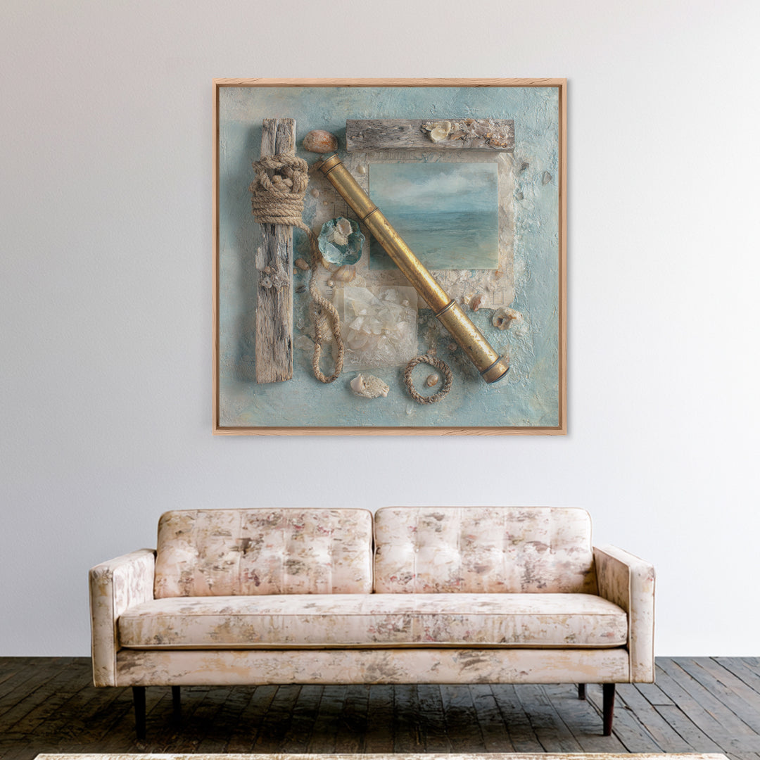 Brass Telescope and Old Map Still Life Framed Canvas Print, Nautical Art, Statement Artwork, Coastal Decor, Fine Art, Harbor, NAU-1x1-78