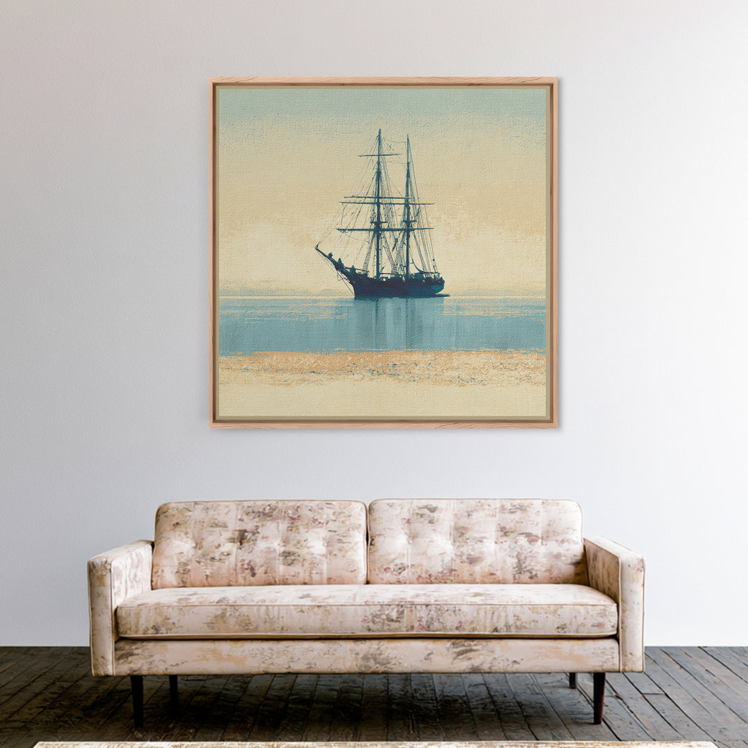 Tall Ship Silhouette at Sunset Framed Canvas Print, Nautical Art, Printable, Coastal Decor, Fine Art, Harbor, Beach Decor, NAU-1x1-8