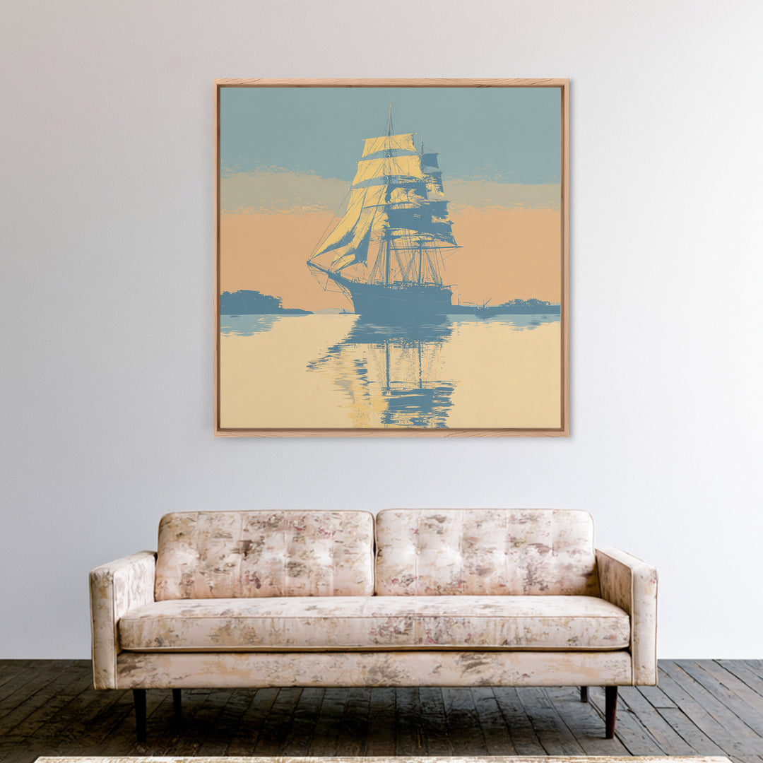 Tall Ship Silhouette at Sunset Framed Canvas Print, Nautical Art, Fine Art Print, Coastal Decor, Fine Art, Harbor, Wall Decor, NAU-1x1-80