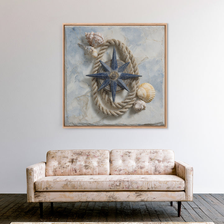 Antique Compass with Rope and Shells Canvas Print, Nautical Art, Textured Painting, Coastal Decor, Fine Art, Harbor, NAU-1x1-98