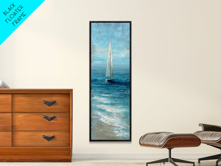 Sailboat Leaning into Wind on Blue Water Canvas Print, Nautical Art, Minimalist Decor, Coastal Decor, Fine Art, Harbor, NAU-1x3-13
