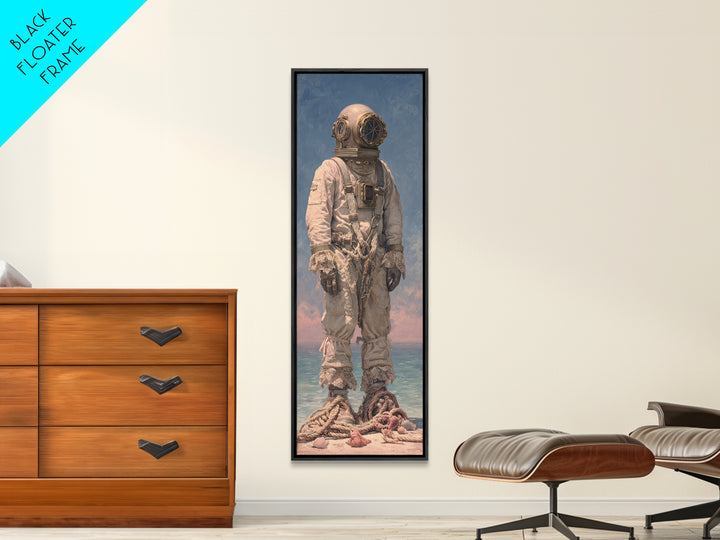 Deep Sea Diver Helmet Still Life Framed Canvas Print, Nautical Art, Ocean Art, Coastal Decor, Oil Painting, Harbor, NAU-1x3-30