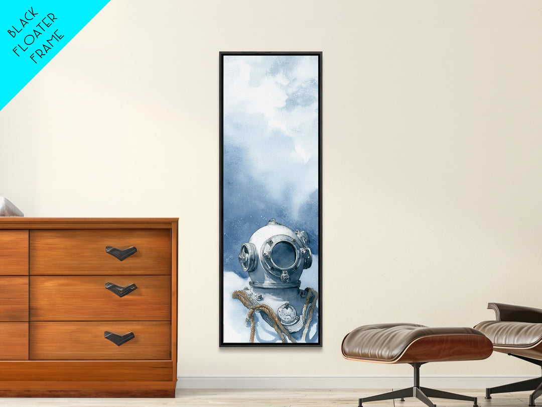 Deep Sea Diver Helmet Still Life Framed Canvas Print, Nautical Art, Ocean Art, Coastal Decor, Oil Painting, Harbor, NAU-1x3-54