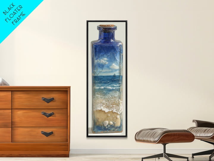 Bottle with Tiny Ship and Ocean Inside Framed Canvas Print, Nautical Art, Coastal Decor, Fine Art, Harbor, Fine Art Print, NAU-1x3-76