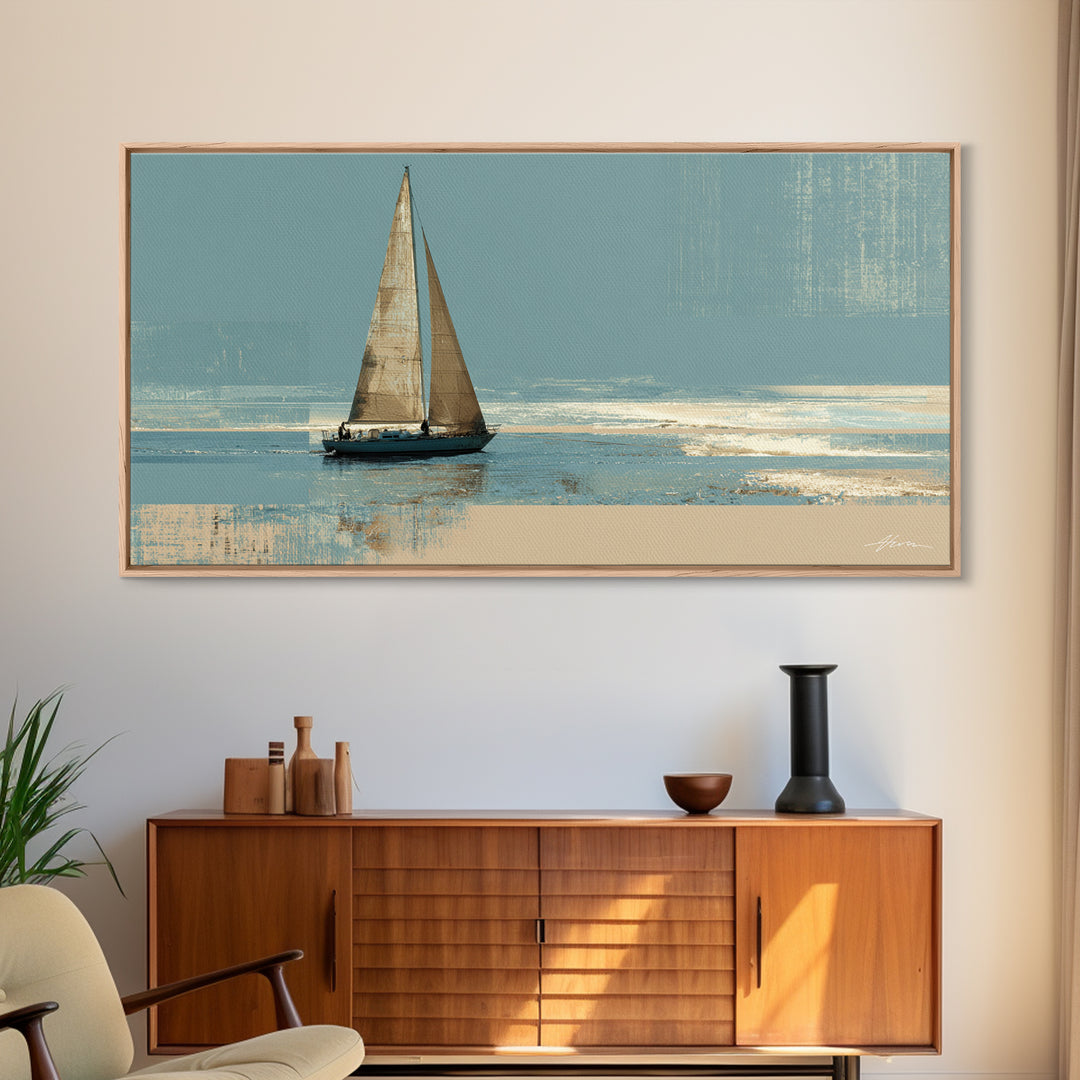 Blueprint Sailboat Technical Drawing Framed Canvas Print, Nautical Art, Statement Artwork, Coastal Decor, Fine Art, Harbor, NAU-2x1-20