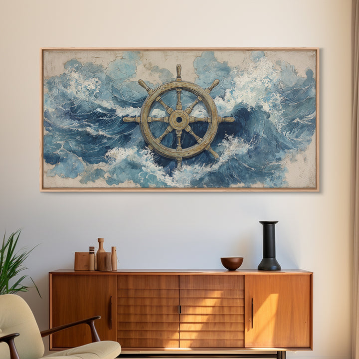 Ship Wheel with Sea Spray Background Framed Canvas Print, Nautical Art, Wall Art, Coastal Decor, Oil Painting, Harbor, NAU-2x1-35