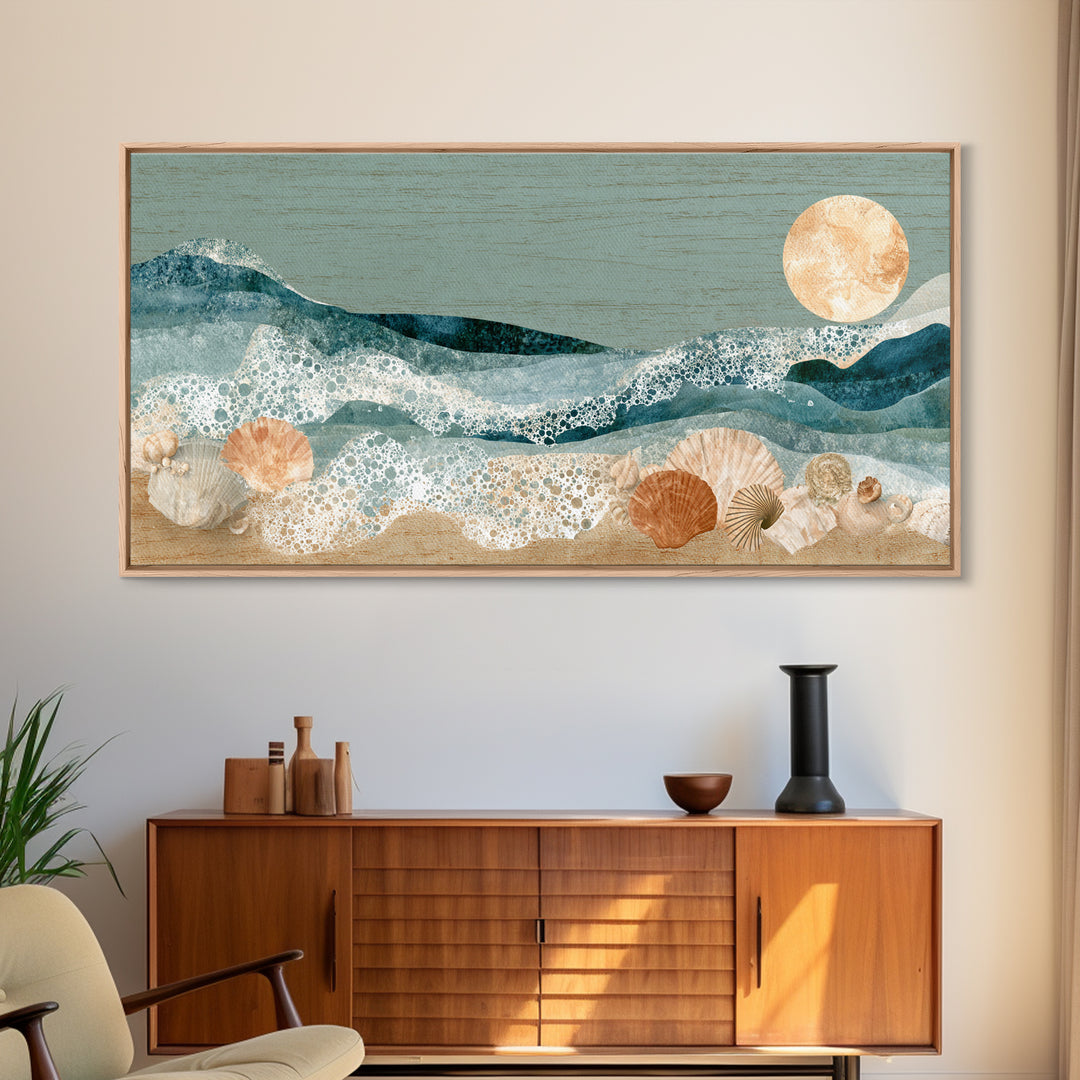 Porthole View of Waves and Moon Framed Canvas Print, Nautical Art, Room Decor, Coastal Decor, Fine Art, Harbor, Printable, NAU-2x1-42