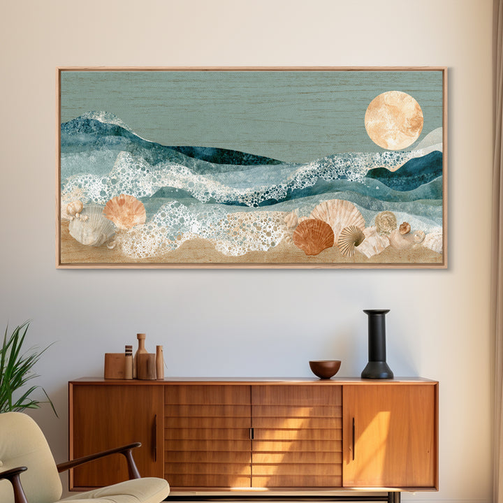 Porthole View of Waves and Moon Framed Canvas Print, Nautical Art, Room Decor, Coastal Decor, Fine Art, Harbor, Printable, NAU-2x1-42