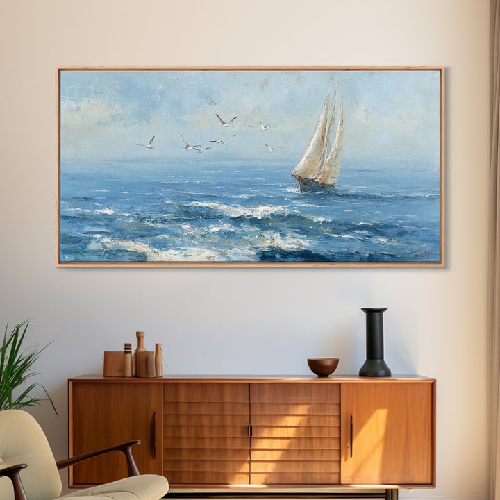 Sailboat Leaning into Wind on Blue Water Framed Canvas Print, Nautical Art, Digital Print, Coastal Decor, Fine Art, Harbor, NAU-2x1-45