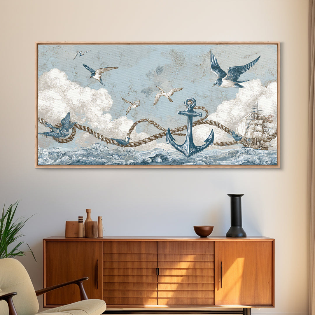 Sailor Tattoo Swallow and Anchor Framed Canvas Print, Nautical Art, Antique Decor, Coastal Decor, Harbor, Downloadable Prints, NAU-2x1-91