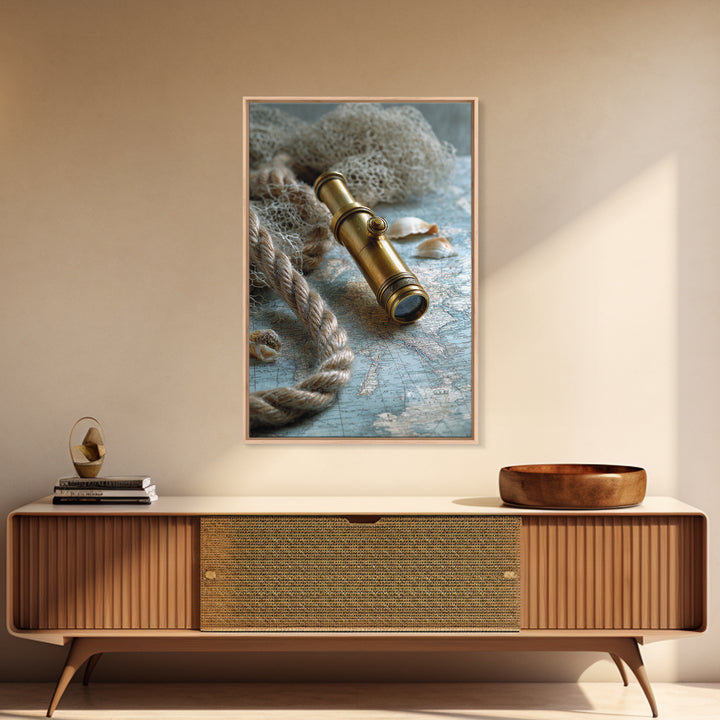 Brass Telescope and Old Map Still Life Canvas Print, Nautical Art, Wall Art, Coastal Decor, Oil Painting, Harbor, Digital Print, NAU-2x3-14