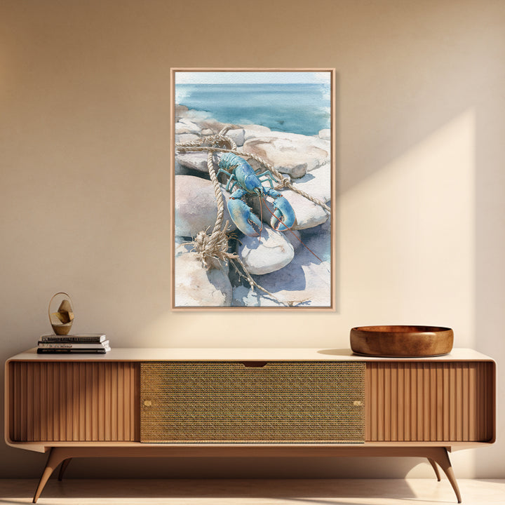 Lobster and Rope Coastal Illustration Framed Canvas Print, Nautical Art, Beach Decor, Coastal Decor, Fine Art, Harbor, NAU-2x3-28