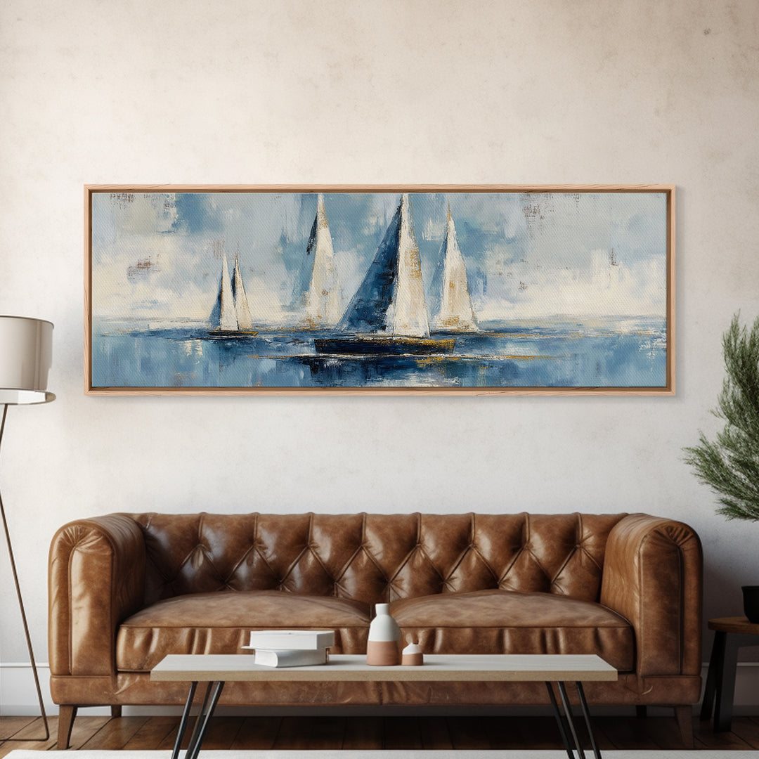 Sailboat Leaning into Wind on Blue Water Framed Canvas Print, Nautical Art, Coastal Art, Coastal Decor, Fine Art, Harbor, NAU-3x1-17