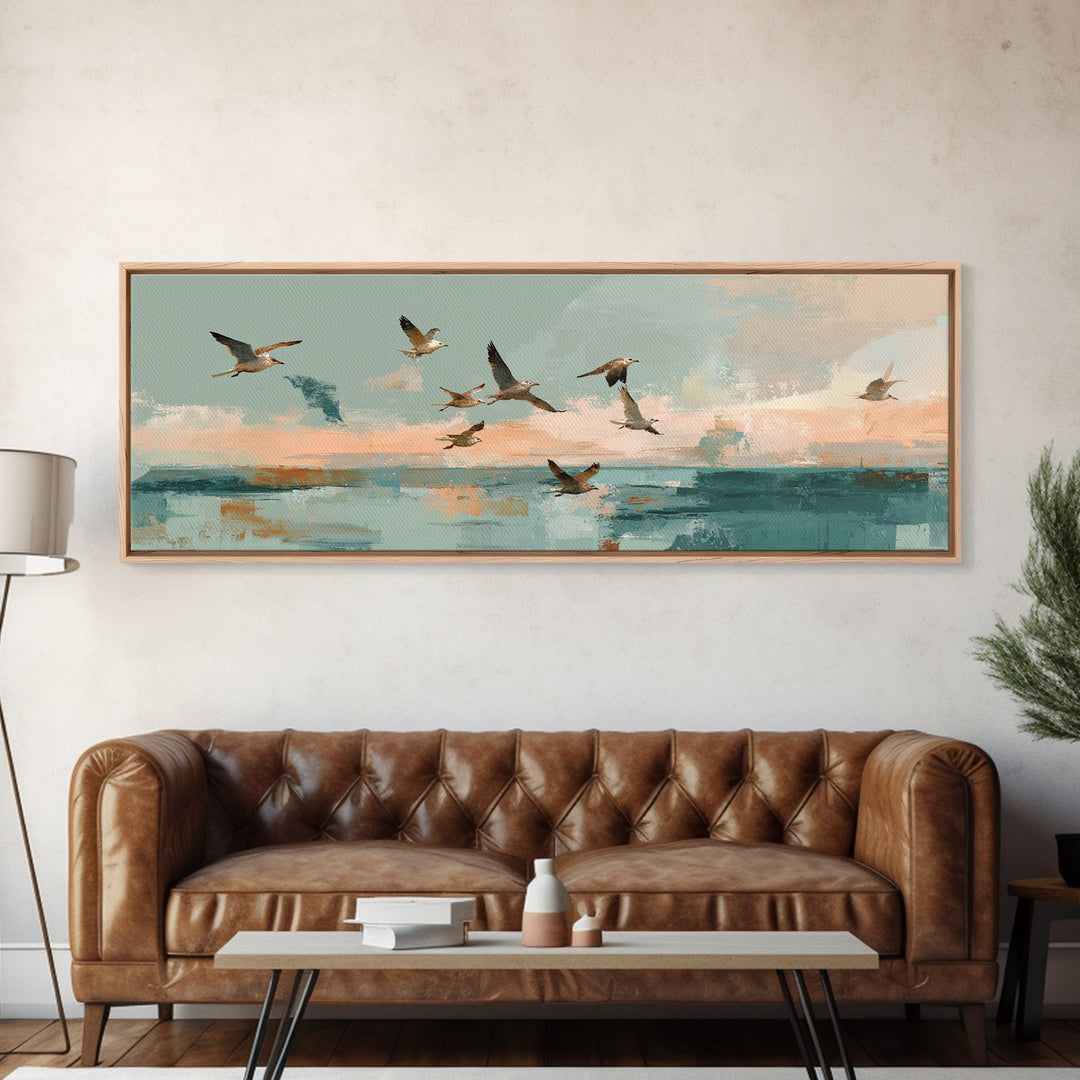 Coastal Gulls Flying Canvas Print, Nautical Art, Beach Decor, Coastal Decor, Fine Art, Harbor, Statement Artwork, Boho Decor, NAU-3x1-33