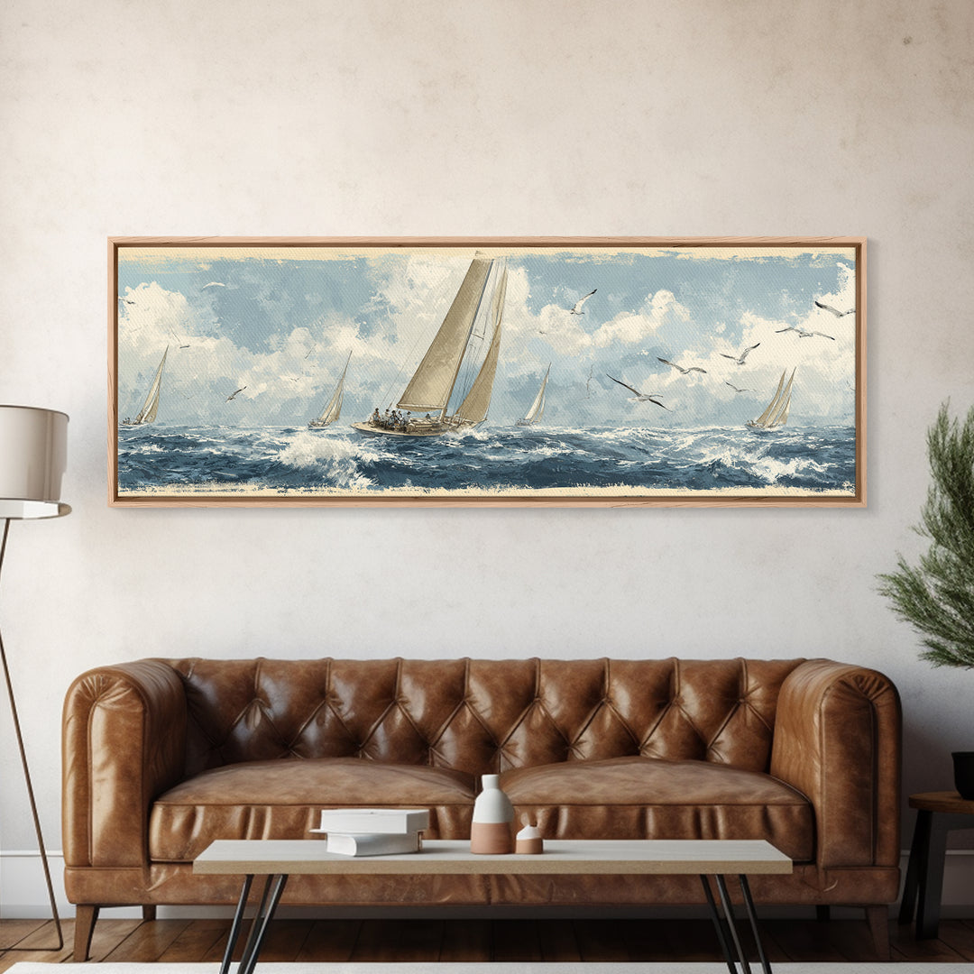 Classic Yacht Racing Through Whitecaps Canvas Print, Nautical Art, Minimalist Decor, Coastal Decor, Fine Art, Harbor, NAU-3x1-35
