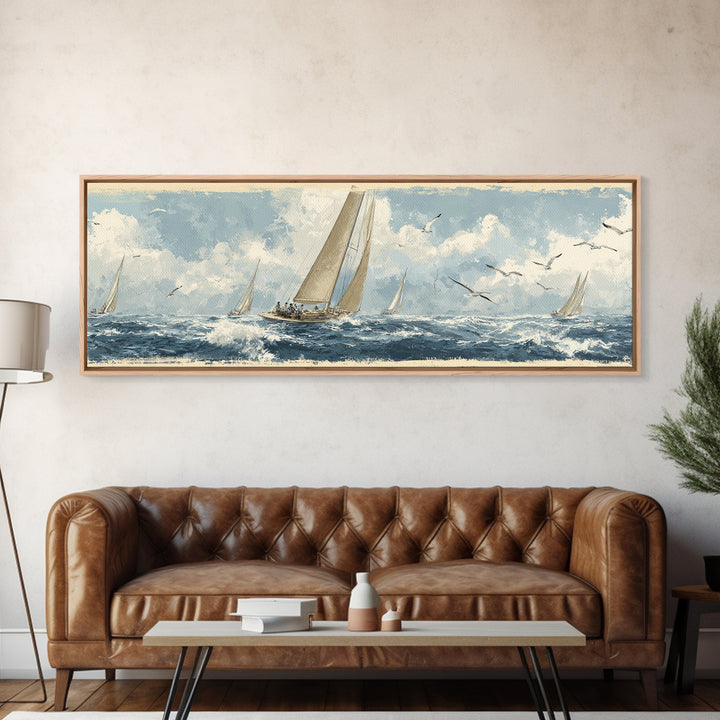 Classic Yacht Racing Through Whitecaps Canvas Print, Nautical Art, Minimalist Decor, Coastal Decor, Fine Art, Harbor, NAU-3x1-35