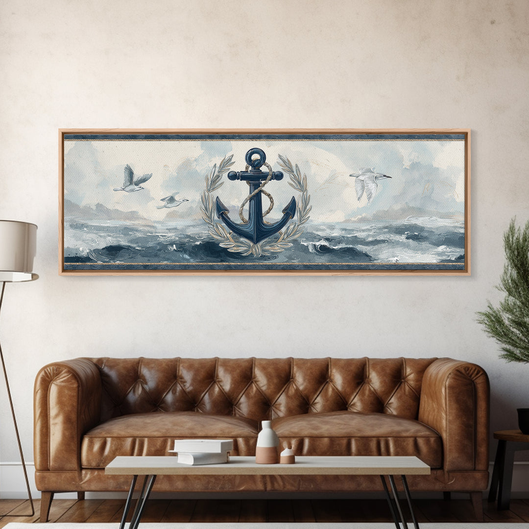 Anchor and Laurel Nautical Crest Without Text Canvas Print, Nautical Art, Beach Print, Coastal Decor, Fine Art, Harbor, NAU-3x1-45