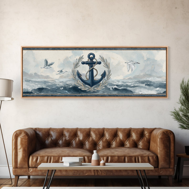 Anchor and Laurel Nautical Crest Without Text Canvas Print, Nautical Art, Beach Print, Coastal Decor, Fine Art, Harbor, NAU-3x1-45