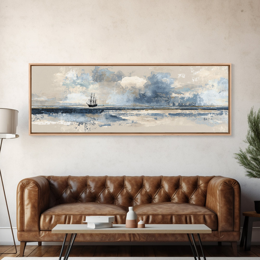 Tall Ship Silhouette at Sunset Canvas Print, Nautical Art, Textured Painting, Coastal Decor, Fine Art, Harbor, NAU-3x1-48