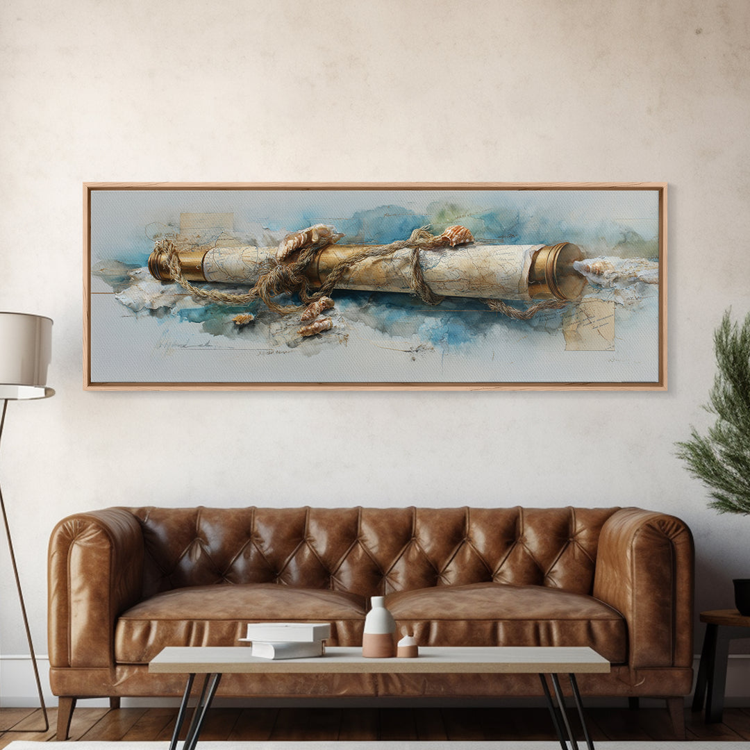 Brass Telescope and Old Map Still Life Canvas Print, Nautical Art, Wall Art, Coastal Decor, Oil Painting, Harbor, Digital Print, NAU-3x1-70
