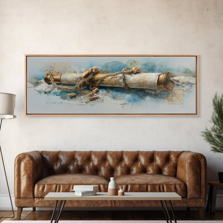 Brass Telescope and Old Map Still Life Canvas Print, Nautical Art, Wall Art, Coastal Decor, Oil Painting, Harbor, Digital Print, NAU-3x1-70