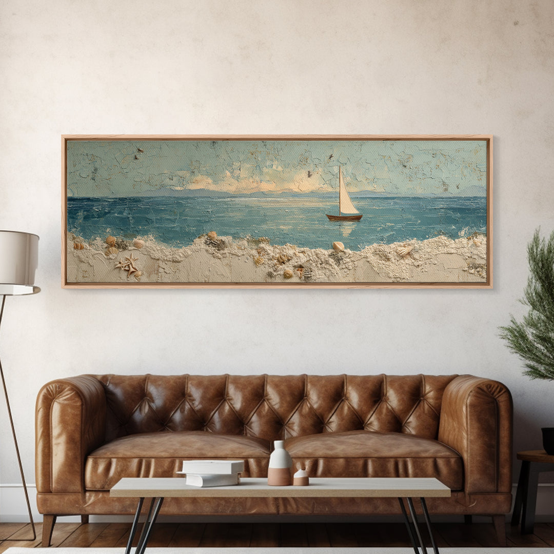 Whale Tail Beside Small Sailboat Framed Canvas Print, Nautical Art, Coastal Decor, Oil Painting, Harbor, Fine Art Print, NAU-3x1-74