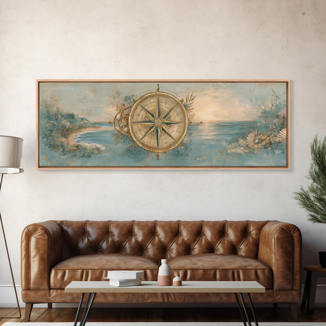 Antique Compass with Rope and Shells Framed Canvas Print, Nautical Art, Beach Print, Coastal Decor, Fine Art, Harbor, NAU-3x1-90