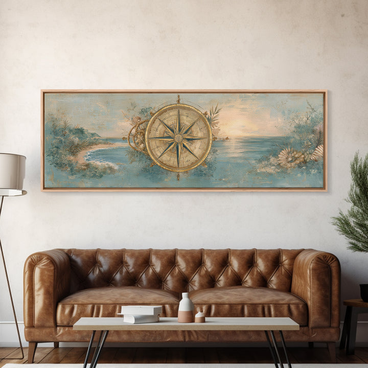 Antique Compass with Rope and Shells Framed Canvas Print, Nautical Art, Beach Print, Coastal Decor, Fine Art, Harbor, NAU-3x1-90