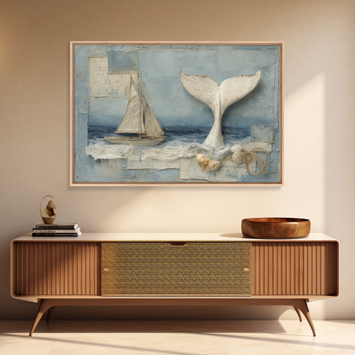 Whale Tail Beside Small Sailboat Framed Canvas Print, Nautical Art, Digital Print, Coastal Decor, Fine Art, Harbor, Beach Print, NAU-3x2-14