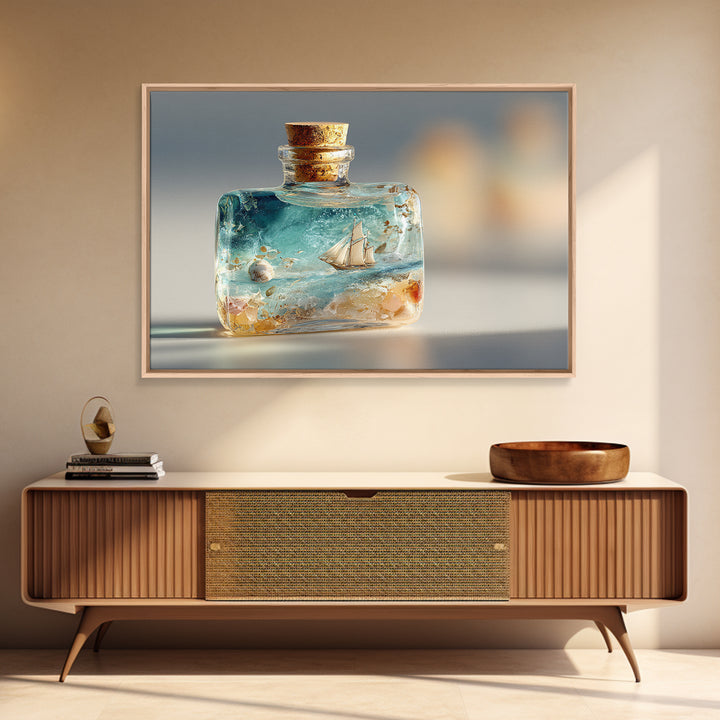 Bottle with Tiny Ship and Ocean Inside Canvas Print, Nautical Art, Minimalist Decor, Coastal Decor, Oil Painting, Harbor, NAU-3x2-68