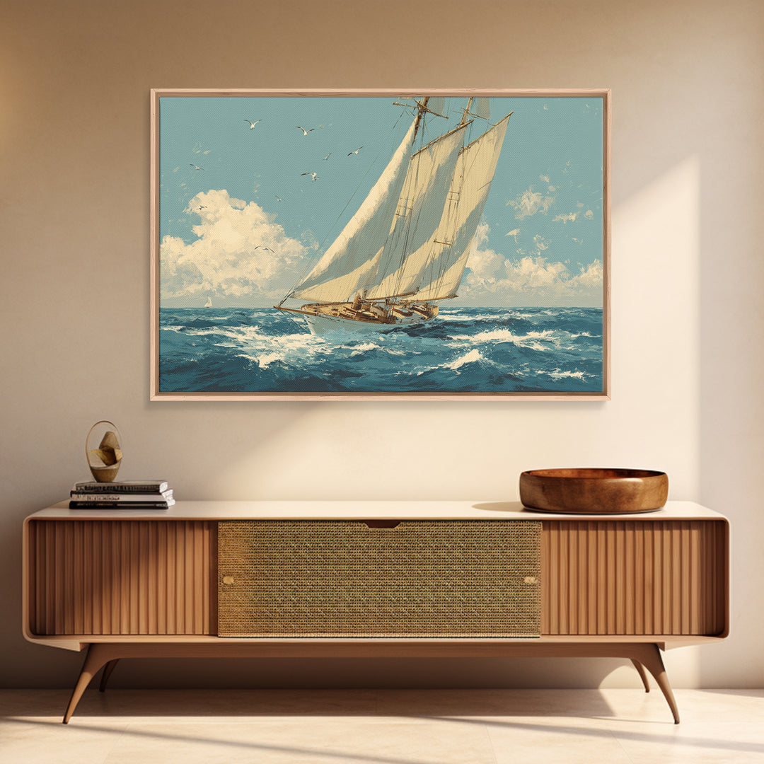 Classic Yacht Racing Through Whitecaps Framed Canvas Print, Nautical Art, Nautical Wall Art, Coastal Decor, Watercolor Art, NAU-3x2-71