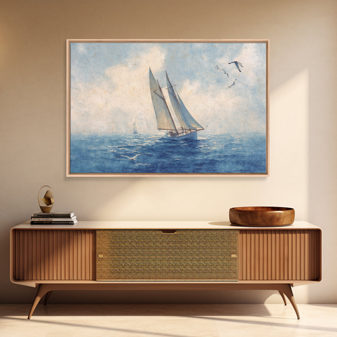 Sailboat Leaning into Wind on Blue Water Framed Canvas Print, Nautical Art, Room Decor, Coastal Decor, Fine Art, Harbor, NAU-3x2-77