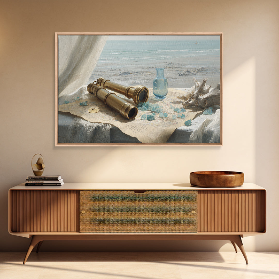 Brass Telescope and Old Map Still Life Framed Canvas Print, Nautical Art, Ocean Art, Coastal Decor, Oil Painting, Harbor, NAU-3x2-82