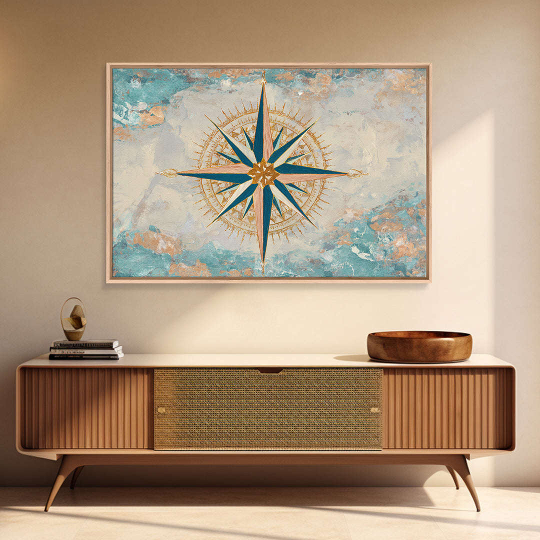 Nautical Star Compass Rose Framed Canvas Print, Nautical Art, Beach Print, Coastal Decor, Fine Art, Harbor, Luxury Decor, NAU-3x2-90