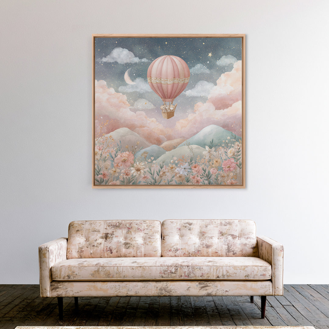 Hot Air Balloon Drifting Framed Canvas Print, Nursery Decor, Art Print, Nursery, Woodland Nursery Decor, Nursery Prints, NDE-1x1-12