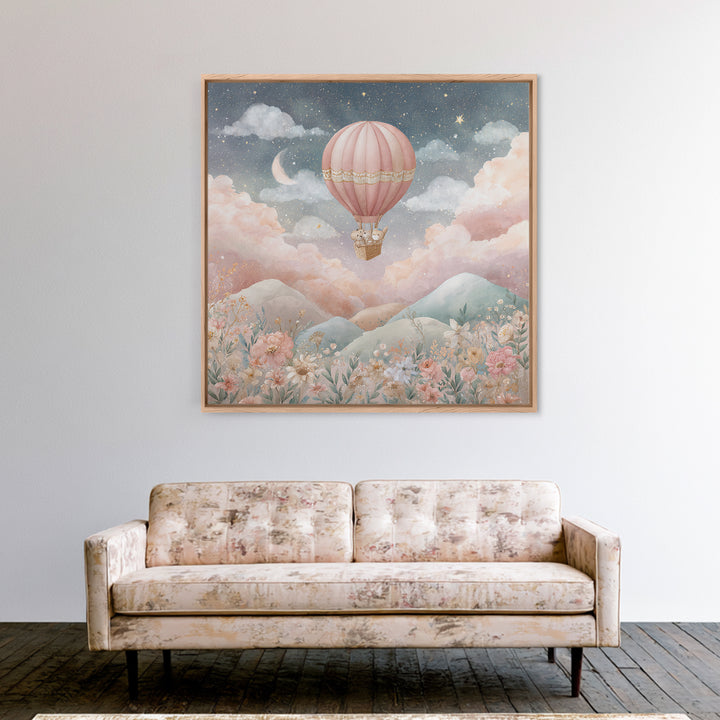 Hot Air Balloon Drifting Framed Canvas Print, Nursery Decor, Art Print, Nursery, Woodland Nursery Decor, Nursery Prints, NDE-1x1-12