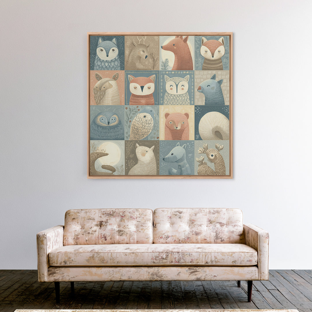Woodland Animal Parade Framed Canvas Print, Nursery Decor, Wall Light, Fine Art, Nursery, Statement Artwork, Boho Decor, NDE-1x1-2
