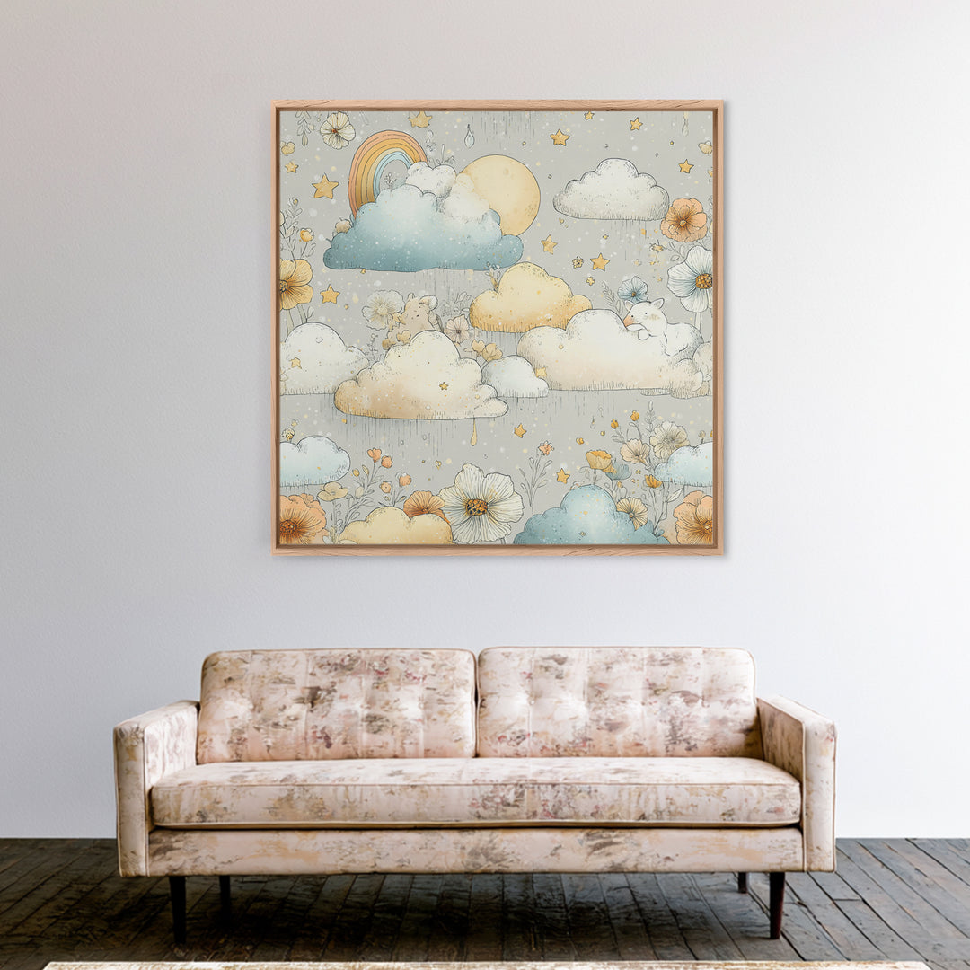 Cloud Rainbow and Raindrop Composition Canvas Print, Nursery Decor, Canvas, Fine Art, Nursery, Playroom Decor, Floral Wall Art, NDE-1x1-20