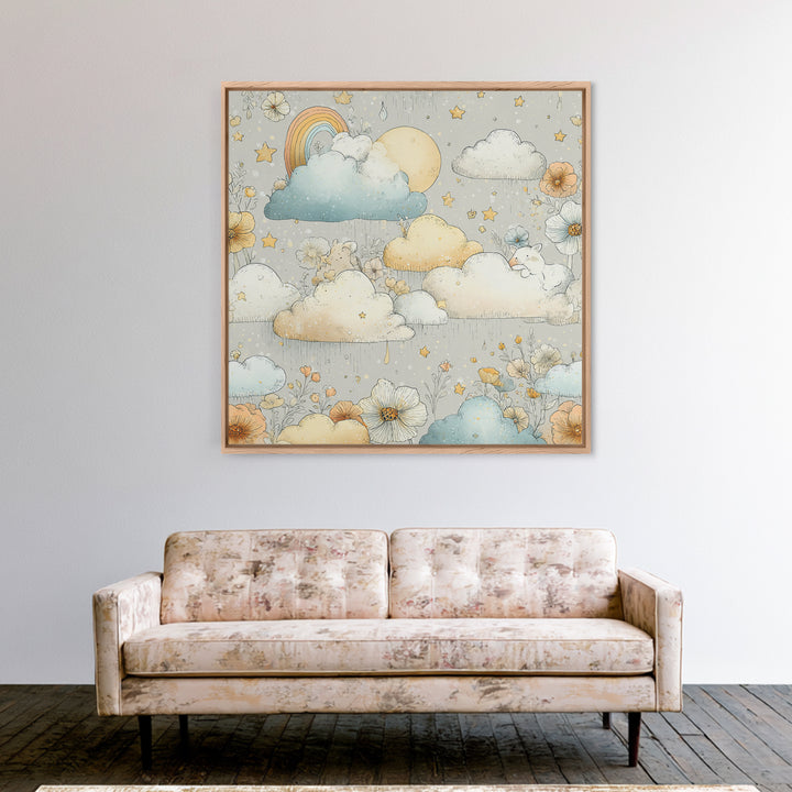 Cloud Rainbow and Raindrop Composition Canvas Print, Nursery Decor, Canvas, Fine Art, Nursery, Playroom Decor, Floral Wall Art, NDE-1x1-20