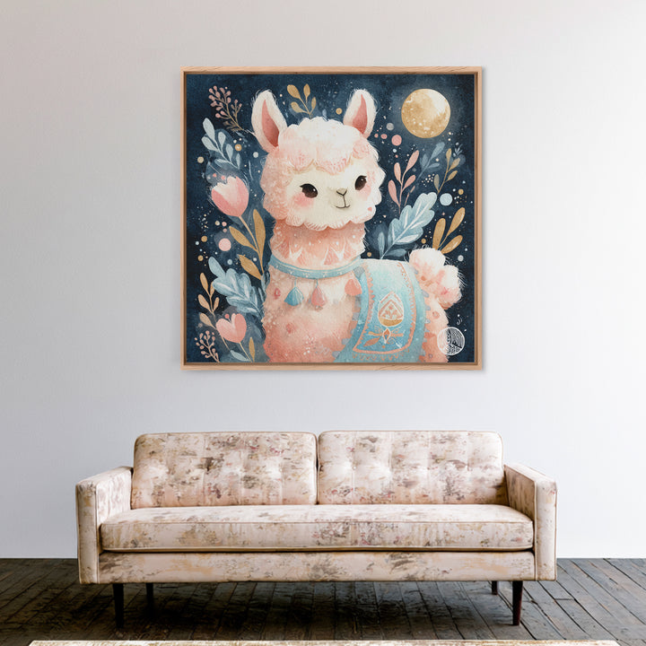 Cute Llama with Blanket Pattern Framed Canvas Print, Nursery Decor, Neutral Decor, Fine Art, Nursery, Home Decor, Wall Decor, NDE-1x1-21