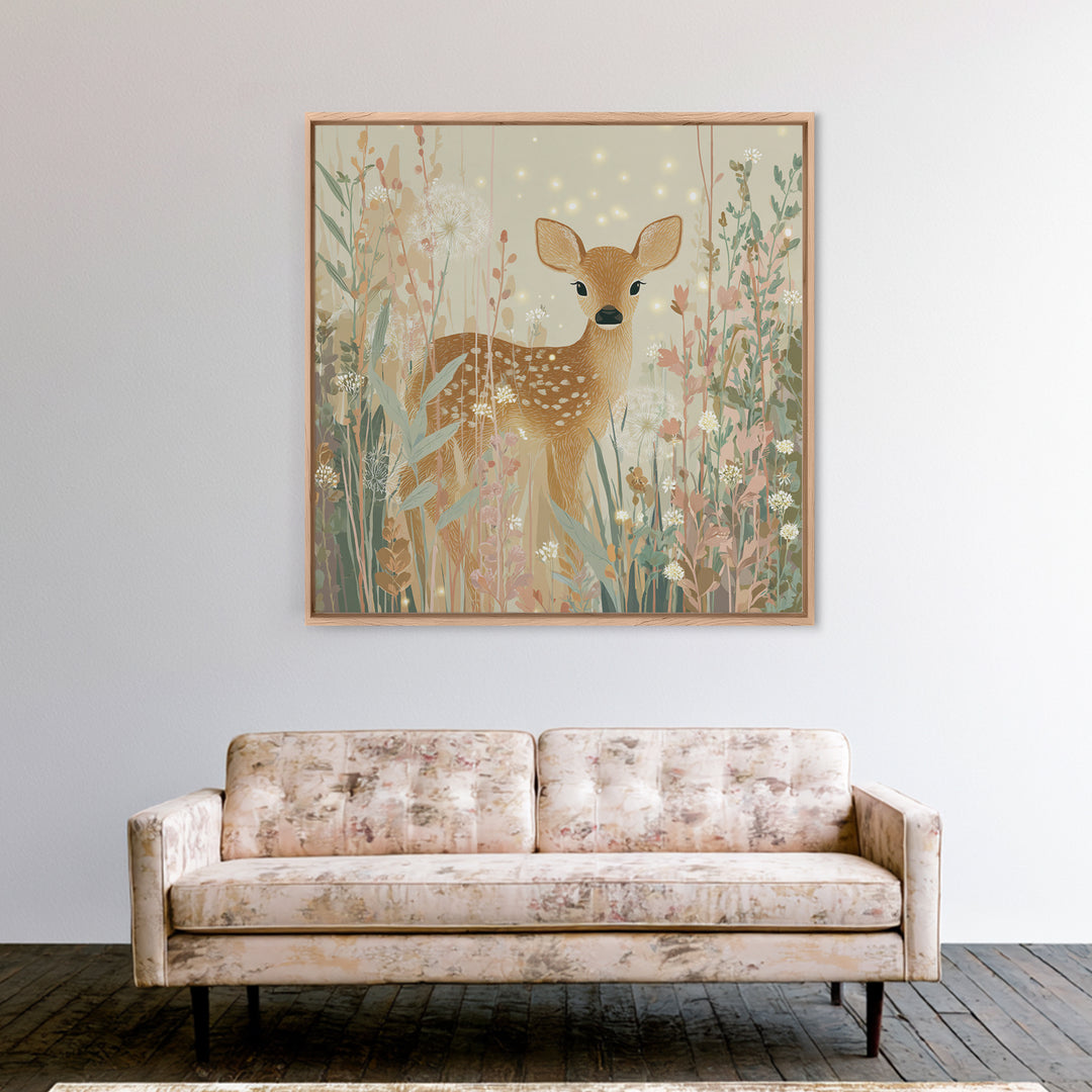 Baby Deer in Meadow with Fireflies Canvas Print, Nursery Decor, Floral Wallpaper, Nursery, Fine Art Print, Statement Artwork, NDE-1x1-22