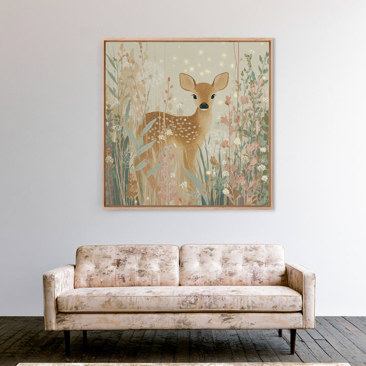 Baby Deer in Meadow with Fireflies Canvas Print, Nursery Decor, Floral Wallpaper, Nursery, Fine Art Print, Statement Artwork, NDE-1x1-22