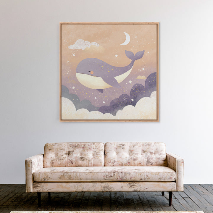 Baby Whale Swimming Through Stars Framed Canvas Print, Nursery Decor, Gallery Decor, Fine Art, Nursery, Wall Art, Home Decor, NDE-1x1-32