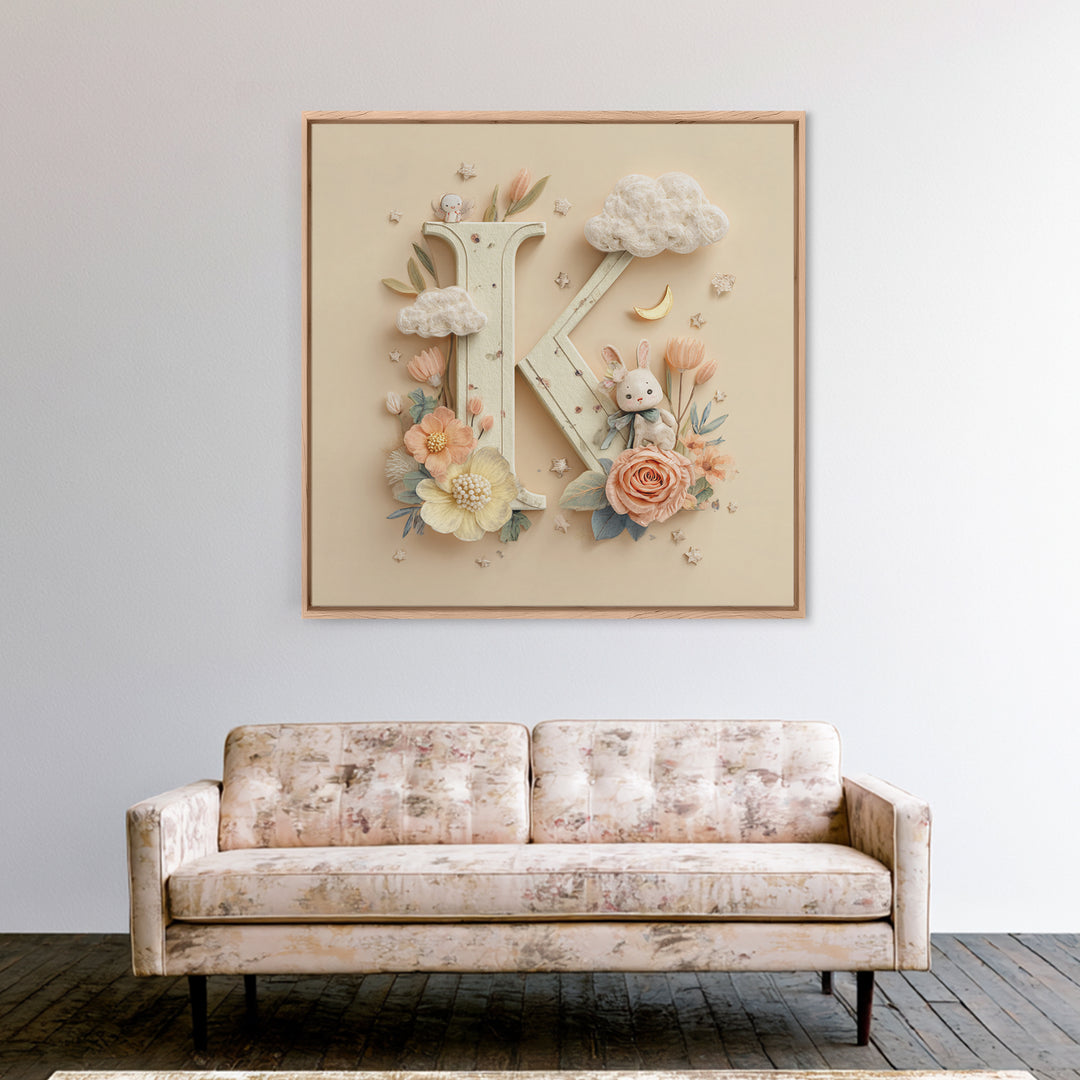 Soft Floral Initial Frame Without Letters Framed Canvas Print, Nursery Decor, Boy Nursery Decor, Fine Art, Nursery, NDE-1x1-34