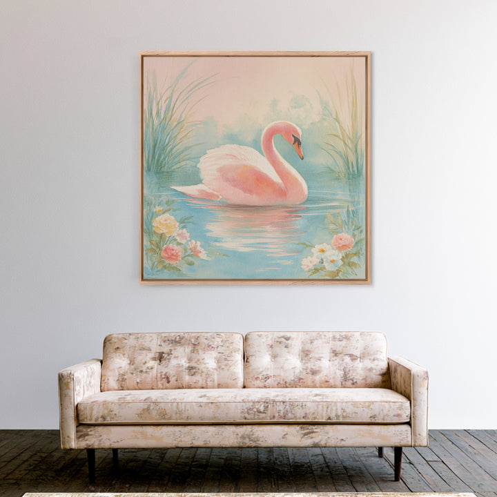 Pink Swan on Calm Pond Framed Canvas Print, Nursery Decor, Boho Decor, Oil Painting, Nursery, Nursery Wall Art, Framed Wall Art, NDE-1x1-37