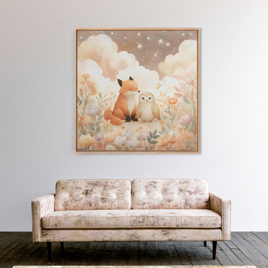 Fox and Owl Friends Framed Canvas Print, Nursery Decor, Gallery Decor, Fine Art, Nursery, Wall Art, Home Decor, Wall Decor, NDE-1x1-38