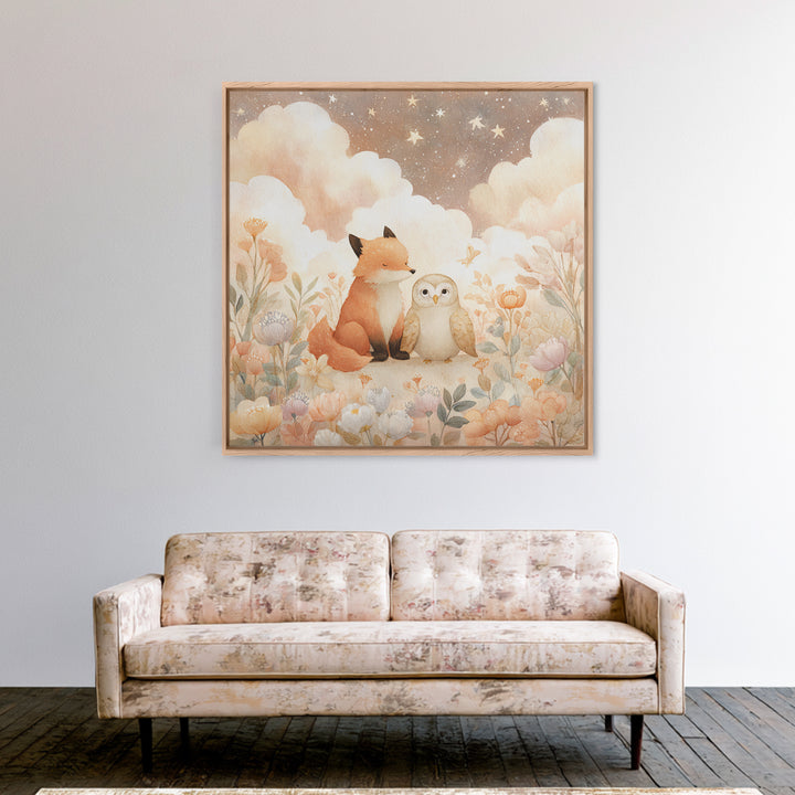 Fox and Owl Friends Framed Canvas Print, Nursery Decor, Gallery Decor, Fine Art, Nursery, Wall Art, Home Decor, Wall Decor, NDE-1x1-38